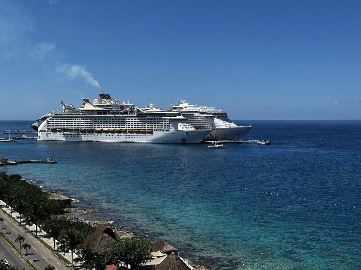 Cruise ship docked in Cozumel near the Pickle Island resort