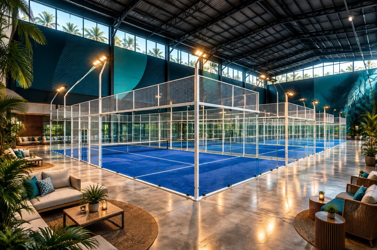 El Coliseo padel arena with four glass-walled padel courts under a covered roof